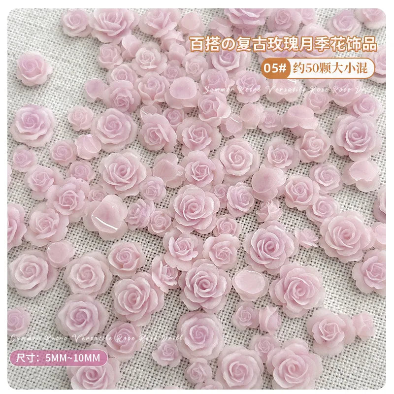 50PCS 3D Mix Sizes Beautiful Blossoming Rose Flowers Resin Adhesive Nail Art Rhinestones Decorations Manicure Kawaii Charms