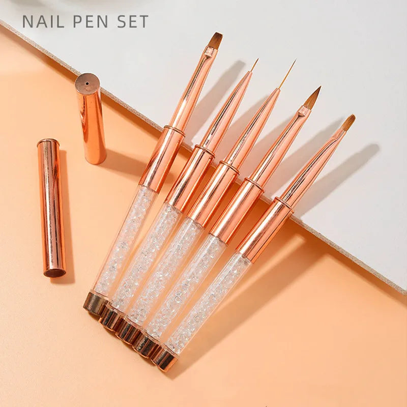 5Style Nail Art Acrylic UV Gel Extension Builder Rhinestone Painting Brush Lines Liner Pattern Drawing Pen Manicure Tool