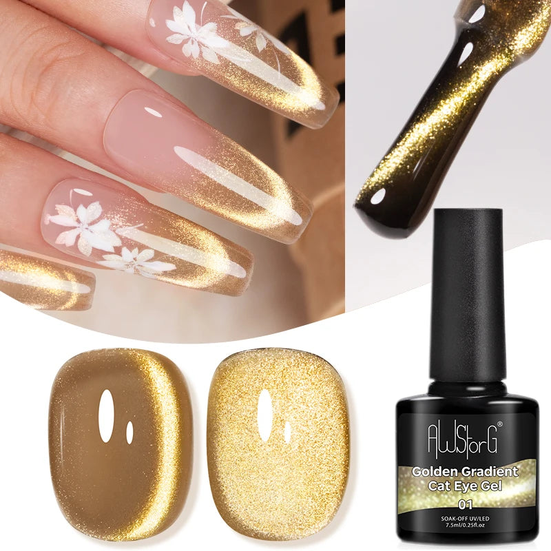 AWStorG 7.5ML Golden Gradient Cat Eye Magnetic Gel Sparkling Glitter Nail Polish Semi Permanent UV Nail Art No Need Base Color
