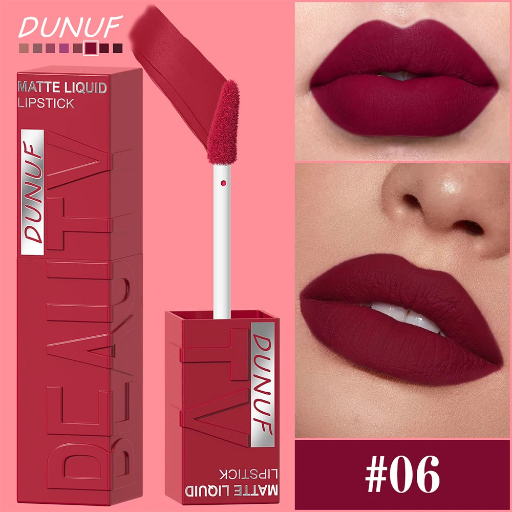 DUNUF 8-color matte velvet smooth easy-to-apply square tube lip gloss waterproof three-dimensional plumping lipstick