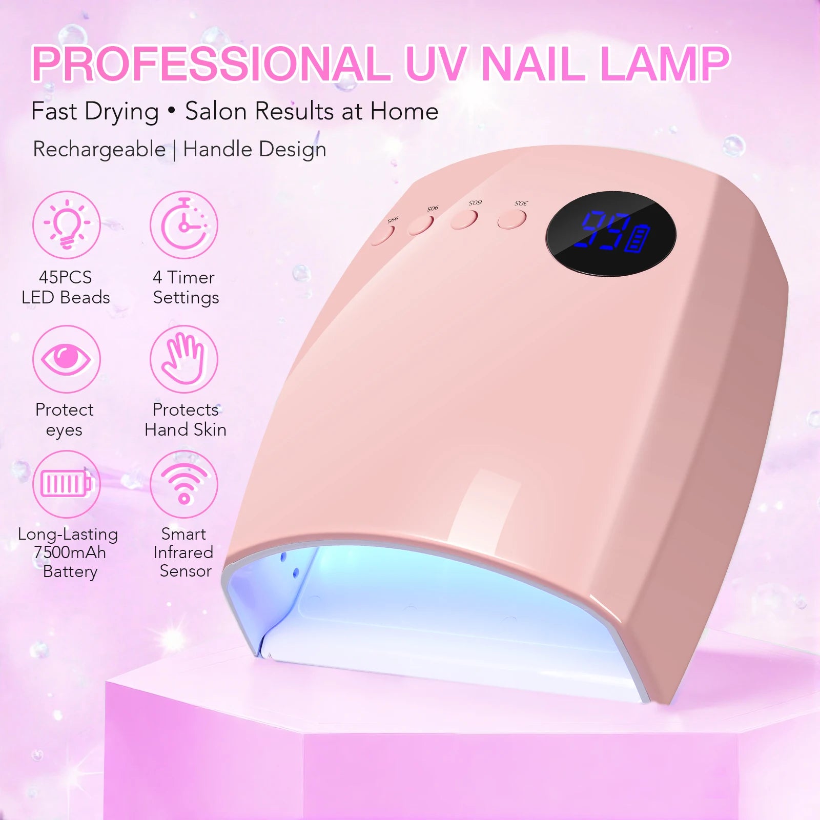45 LEDs 4 Timers Modes 168W UV Lamp For Nails Wireless Gel Polish Nail Dryer Pedicure Manicure Light Cordless LCD Nail Lamp