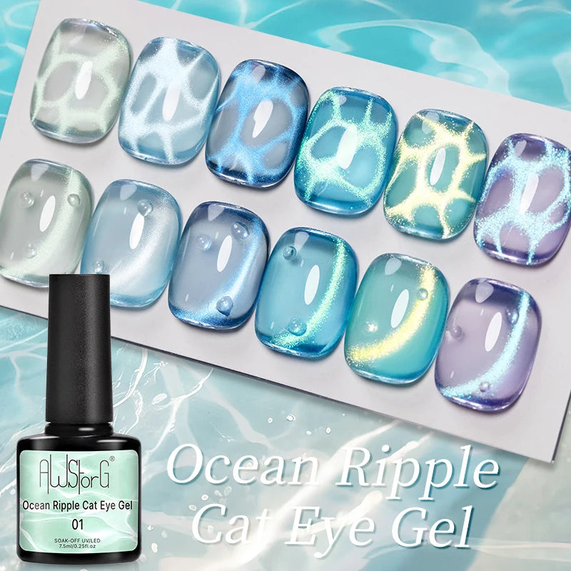 AWStorG 1-6pcs 7.5ml Ocean Ripple Cat Eye Gel Nail Polish Aurora Flash Blue Nude Glitter Color Magnet Nail Art Gel Salon Nails
