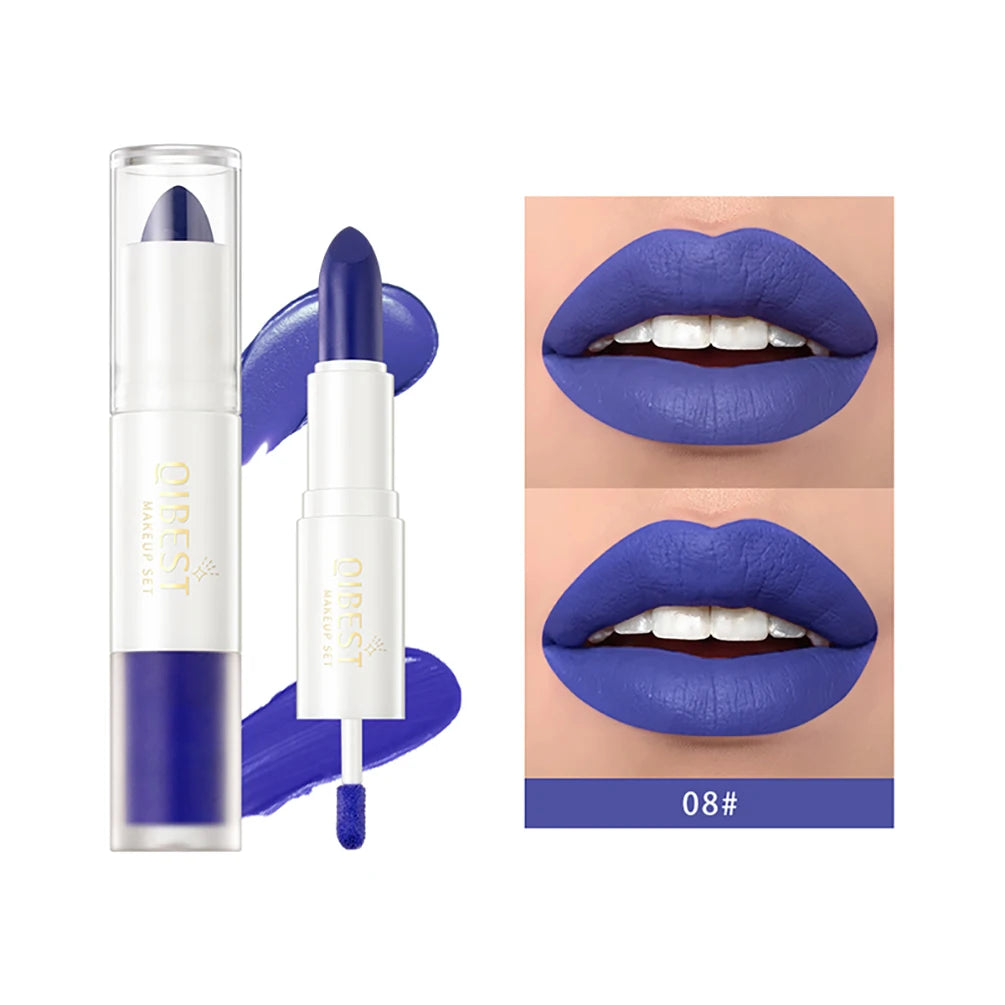 QIBEST 10 Colors 2 in 1 Matte Lipstick Lip Gloss Cosmetics Waterproof Double Head Red Purple Lipstick Long Lasting Lips Makeup