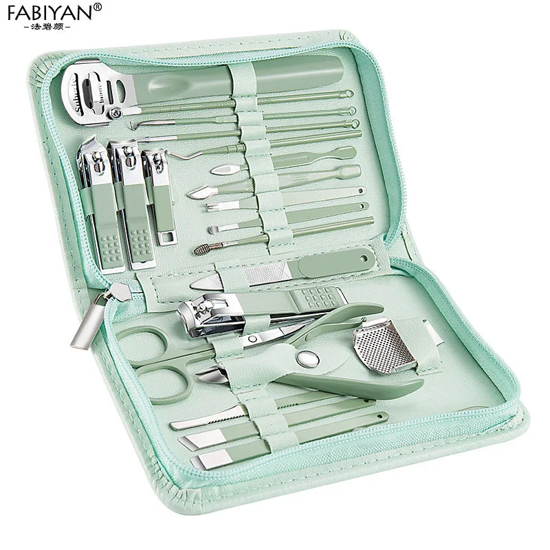 Green 7-22Pcs Nail Art Cutter Pedicure Scissors Nail Clipper Tool Set Manicure Pedicure Dead Skin Remover With Case