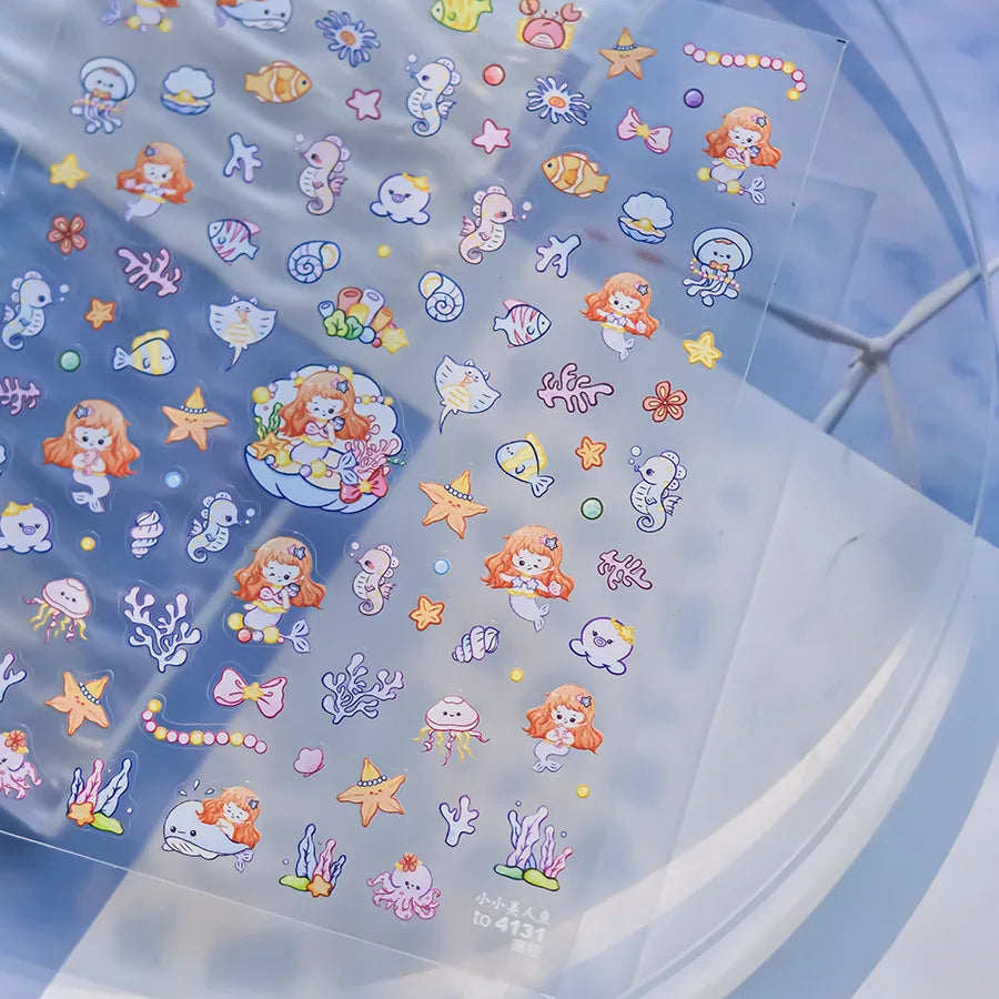 Goldfish Cavort Water Grass Lotus Flower Leaf Brocaded Carp Koi Ripple Droplet Water Bubbles 5D Nail Art Stickers Manicure Decal