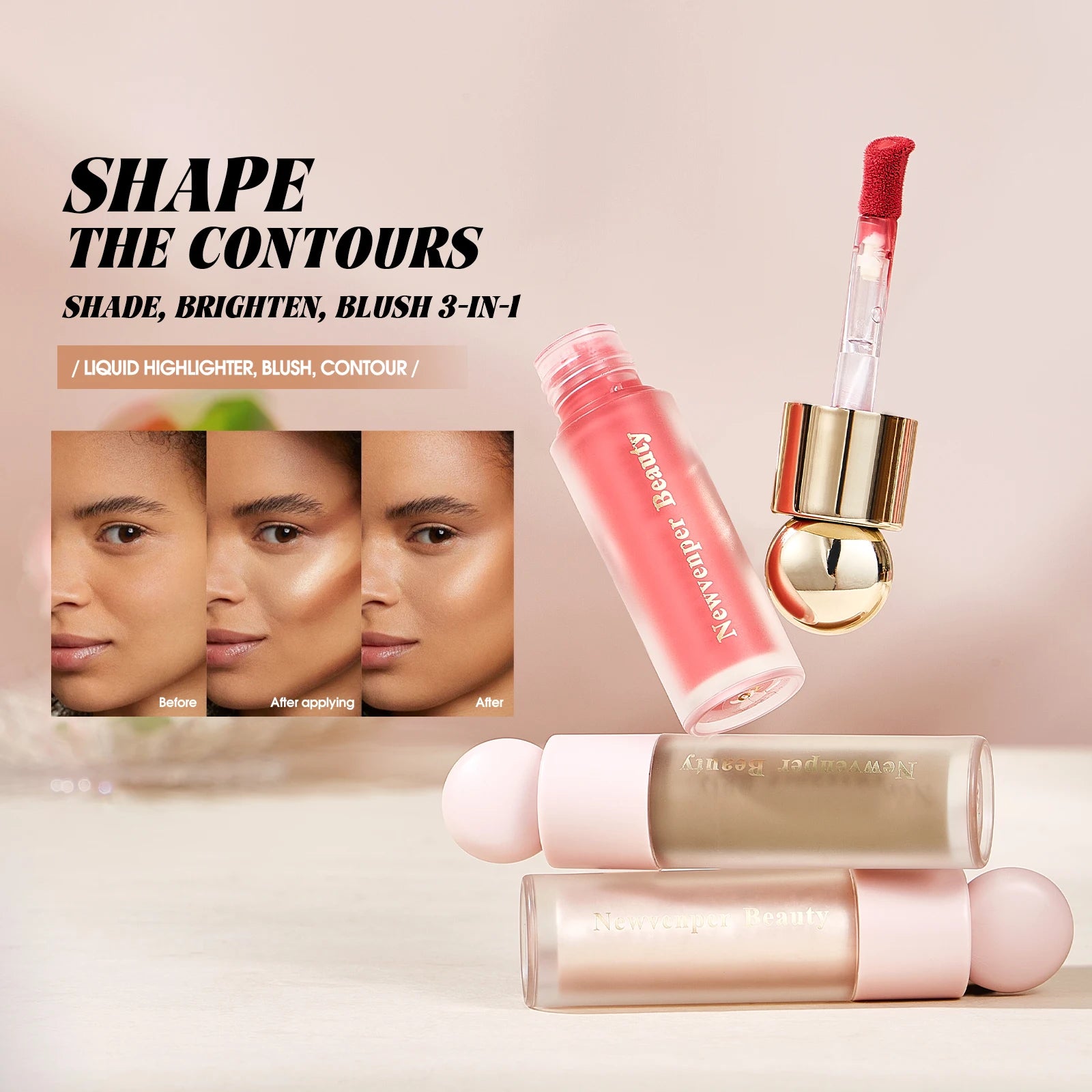 Liquid Highlighter+Blush+Contour Stick Set for Face & Body Silky Natural Glow Liquid Luminizer Matte Pink Shadow Face Makeup