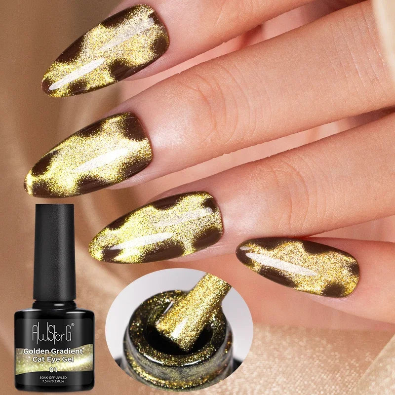 AWStorG 7.5ML Golden Gradient Cat Eye Magnetic Gel Sparkling Glitter Nail Polish Semi Permanent UV Nail Art No Need Base Color