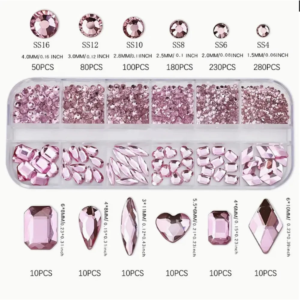 12Grids Pink Mixed Nail Rhinestones Luxury Nail Charms Glitter Crystal Jewelry Gems Nail Art Decoration Manicure Rhinestones