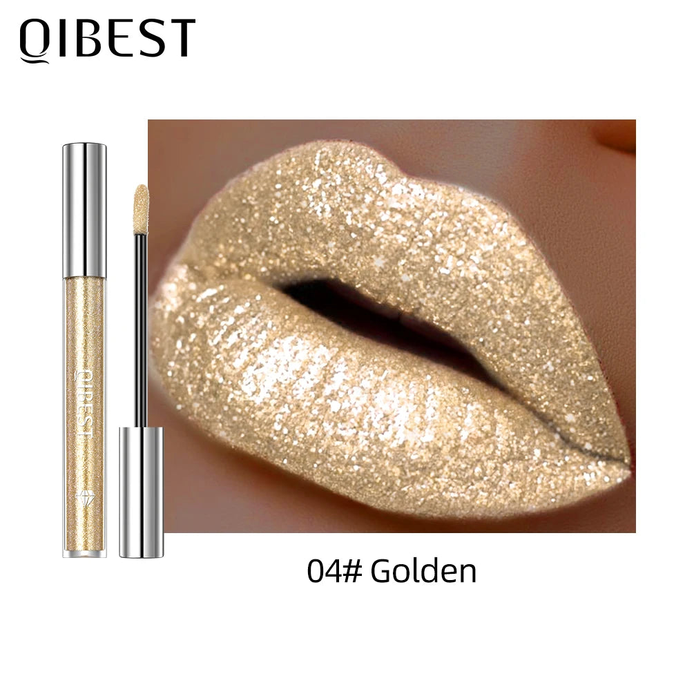 QIBEST 6 Colors Metallic Glitter Diamond Liquid Lipstick Waterproof Long Lasting Pearl Shiny Lip Gloss Charming Women Lip Makeup