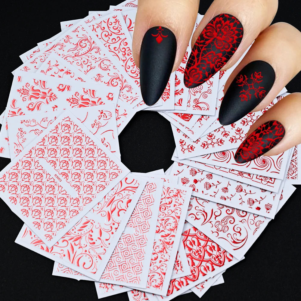 30 Sheets Gold Metallic Flowers Vine Nail Art Decals 3D Lace Flower Nail Sticker Self-Adhesive Nail Art Decoration 5.5*6.5cm