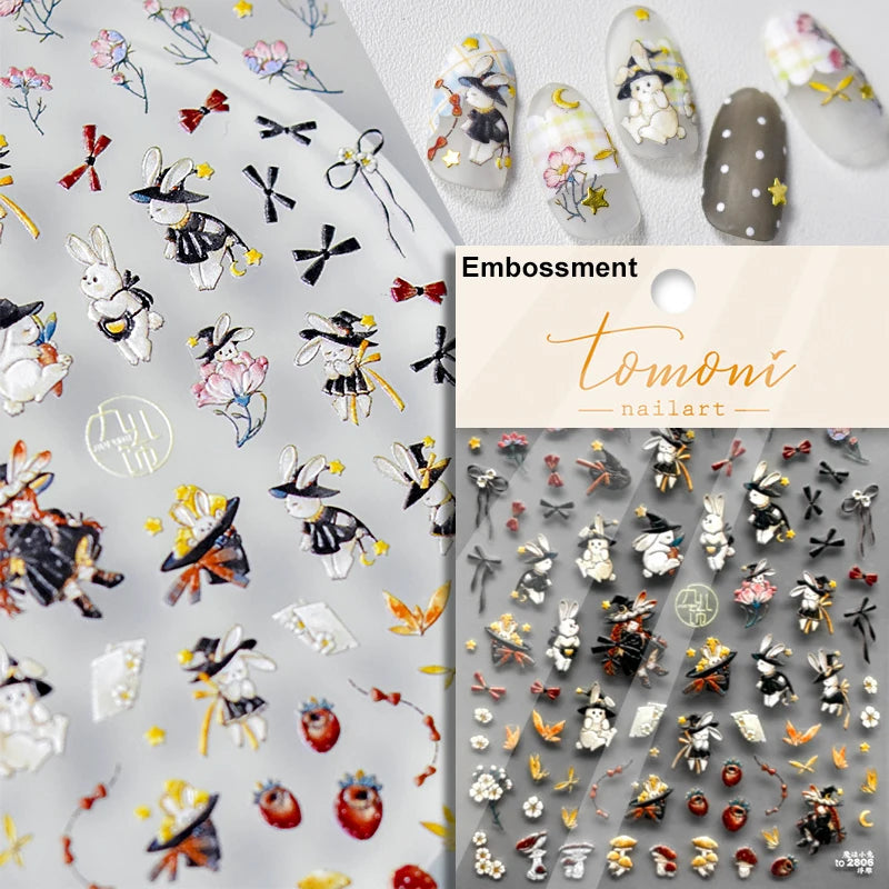Lovely Cat Bunny Bowknot Poker Crown Lock Key Easter Eggs Love Cute Rabbit Mushroom Chick Flower Dog DIY Nail Art Stickers Decal