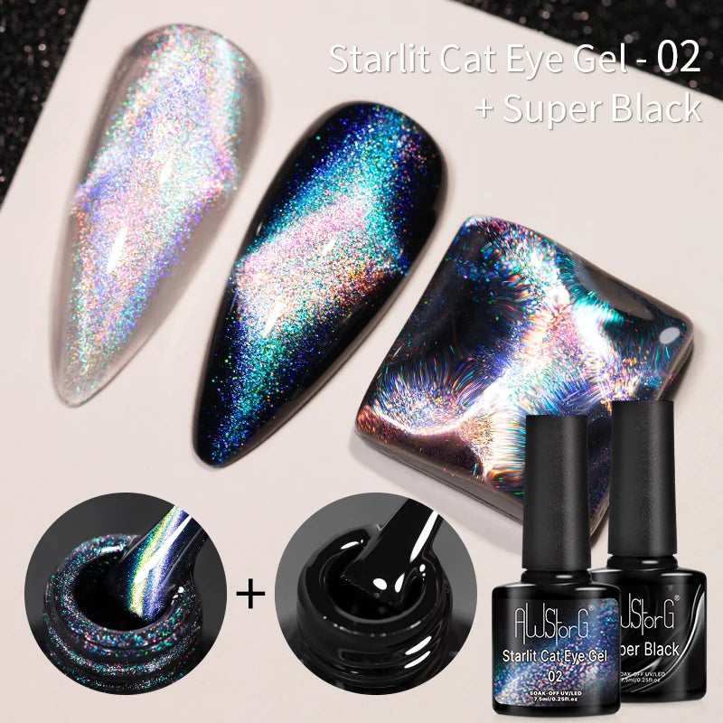 AWStorG 7.5ML Golden Gradient Cat Eye Magnetic Gel Sparkling Glitter Nail Polish Semi Permanent UV Nail Art No Need Base Color