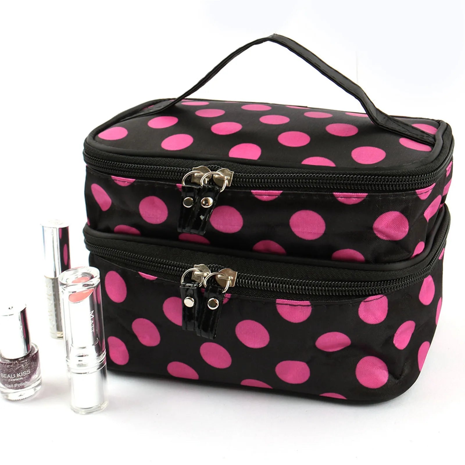 Women'S Travel Cosmetic Makeup Bag Organizer Double Layer Dot Pattern Toiletry Bag Case Pouch With Mirror For Woman