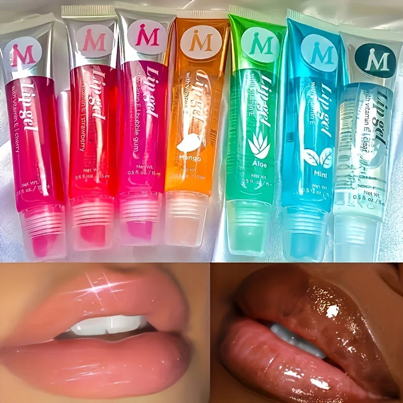 6/12Pcs Fruity Watery Glossy Lip Gloss Set VE, Rosehip, Argan, Mint, Aloe, Coconut Flavor Clear Lip Oil Moisturizing Lip Plumpin