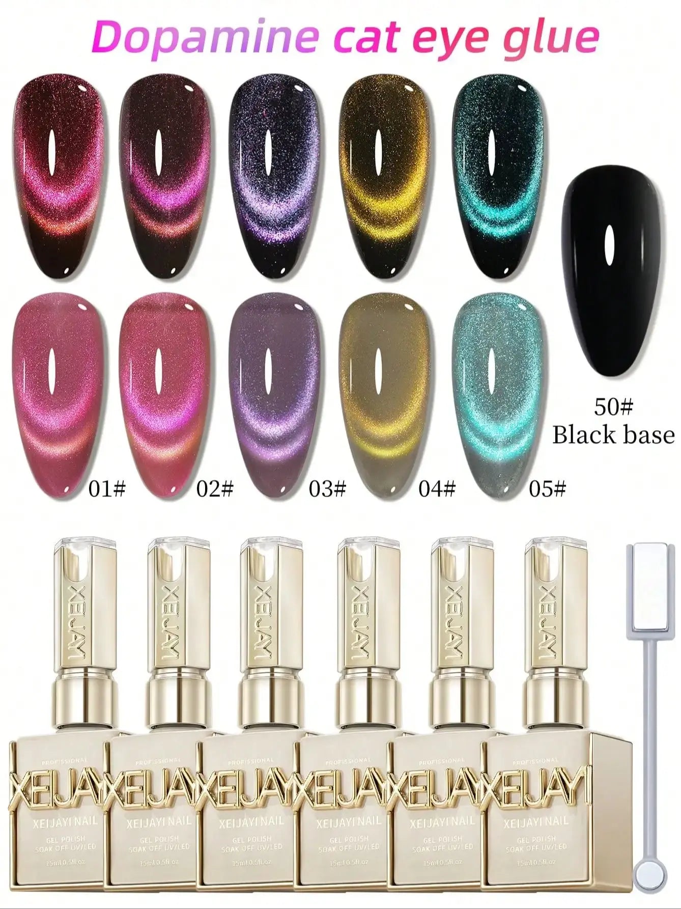 XEIJAYI 15ml Cat's Eye Gel Nail Polish Set, 5Colors Cat Eye And Black Nail Gel Quality DlY Nail