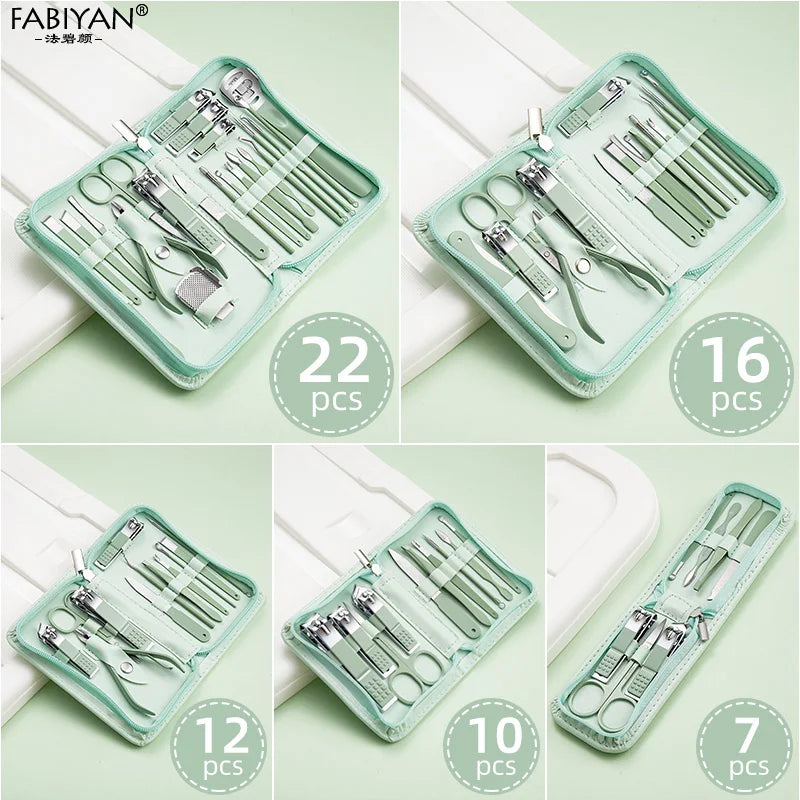 Green 7-22Pcs Nail Art Cutter Pedicure Scissors Nail Clipper Tool Set Manicure Pedicure Dead Skin Remover With Case