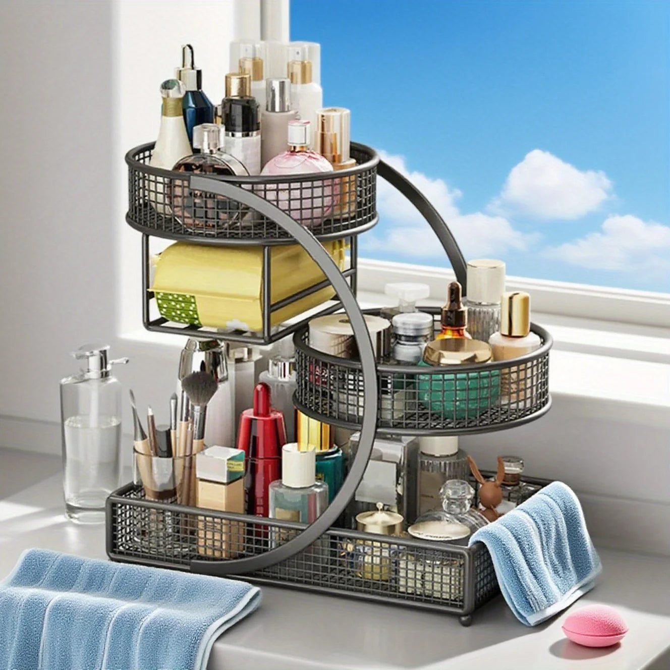 27-Inch 3-Tier Cast Iron Makeup Organizer, Bathroom Vanity Countertop Shelf, No-Assembly Wire Mesh Sturdy Space-Saving