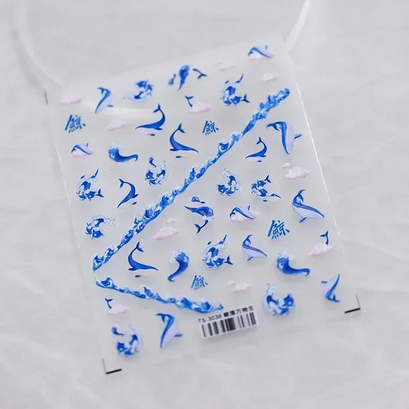 Goldfish Cavort Water Grass Lotus Flower Leaf Brocaded Carp Koi Ripple Droplet Water Bubbles 5D Nail Art Stickers Manicure Decal