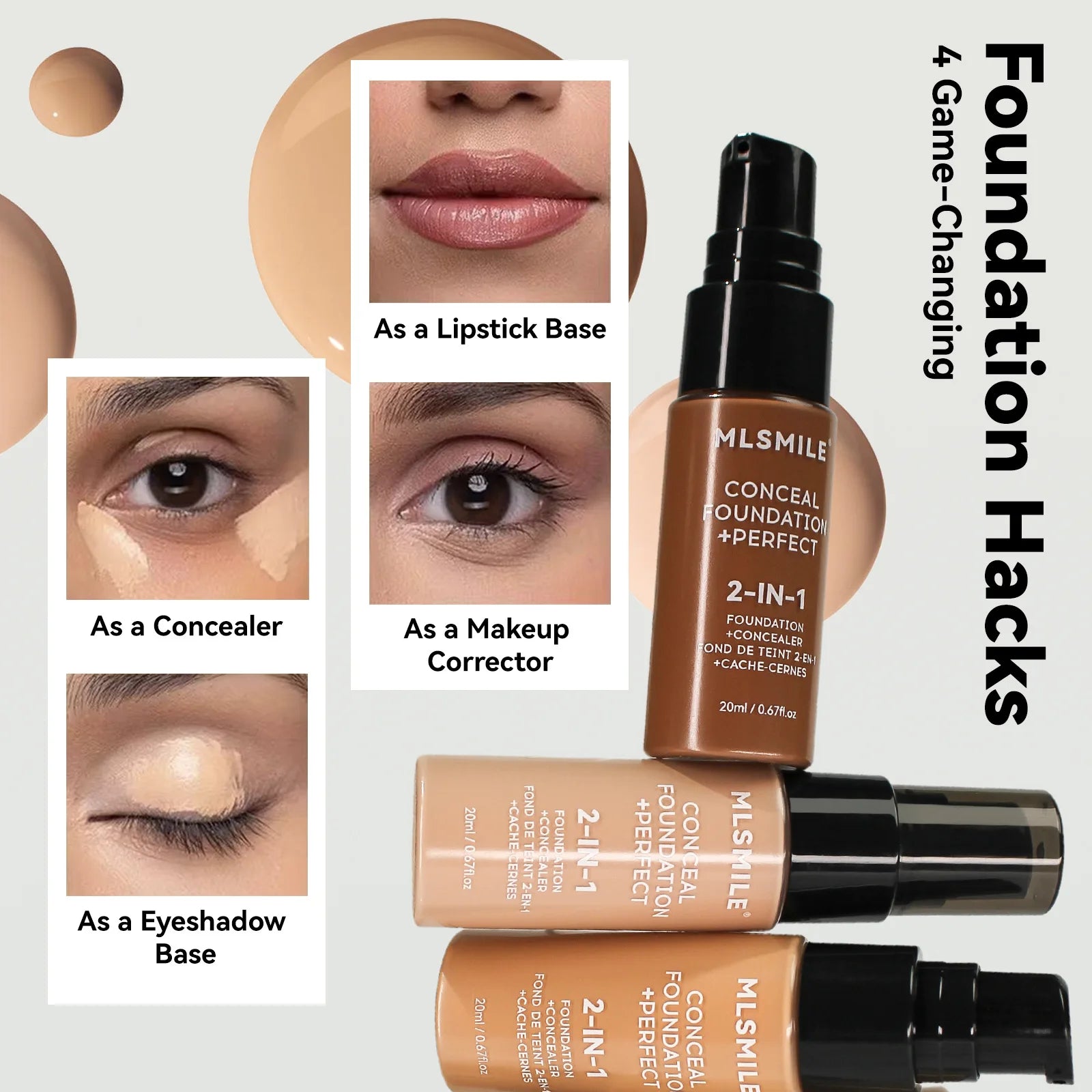 MLSMILE 6 color Liquid Foundation long-Lasting Waterproof, Moisturing Sweat resistant and easy to Oil-control