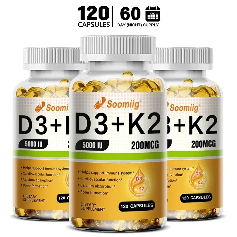 Vitamin D3 5000IU and 200 Mcg Vitamin K2 (MK-7) Capsules for Calcium Absorption, Bone Regeneration, Immune Support, Easy To Melt