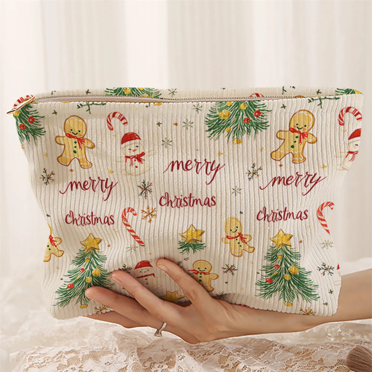 1 Christmas themed corduroy makeup bag, lightweight zipper makeup storage box, multifunctional bag with lining
