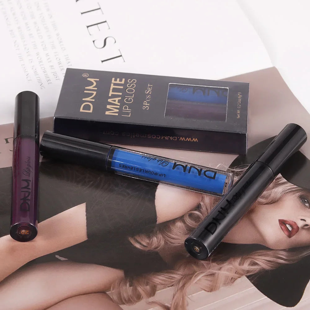 3pcs/set Liquid Lipstick Waterproof Long Lasting Cosmetic Black Blue Purple Green Matte Lip Gloss Nude Lip Tint Stain Makeup Set