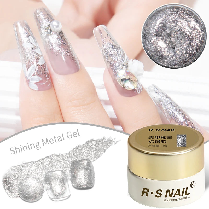 RS NAIL 8g Sparkle Painting Gel No Wipe Platinum Gel Glitter Metallic Golden Silvery Liner Gel French Drawing Liner DIY Nail Art