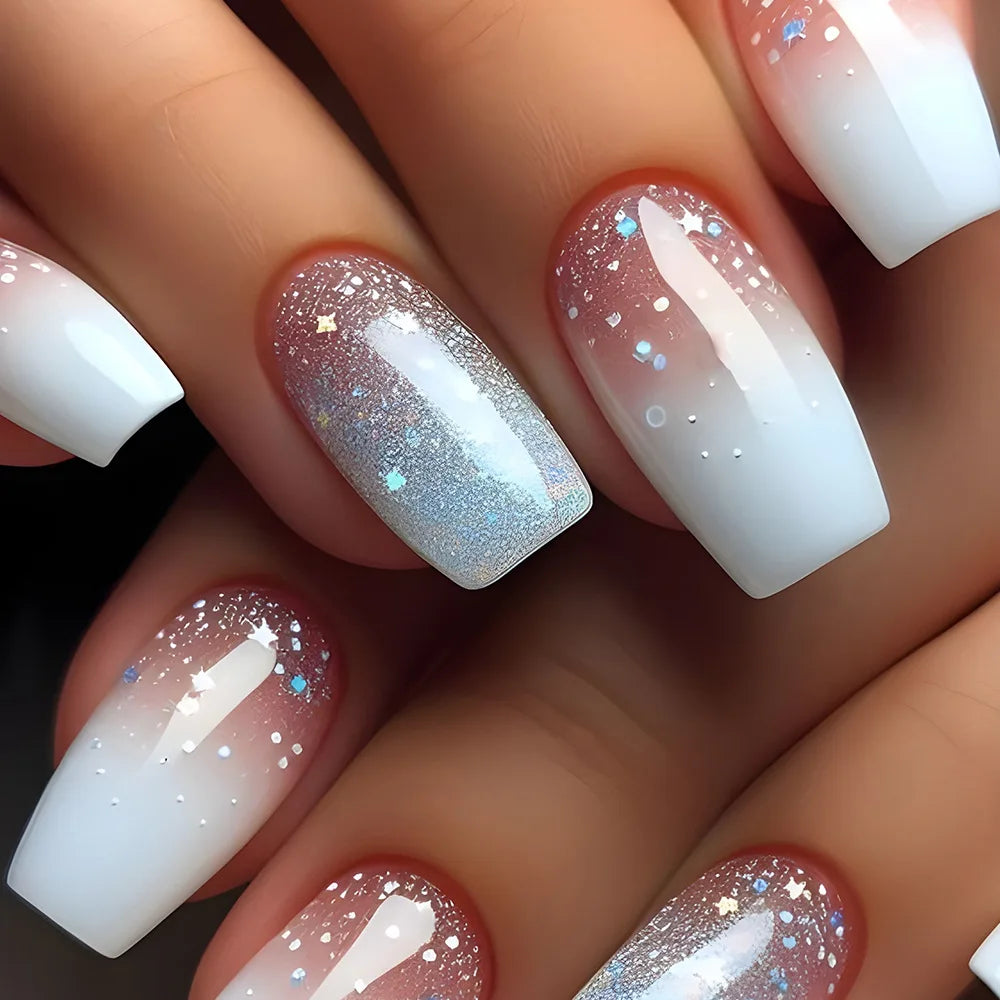 24Pcs Short False Nails with Shimmery Powder Ballet Nail Art Full Cover French Sheer Wearable Nail Manicure Tips for Girls Daily