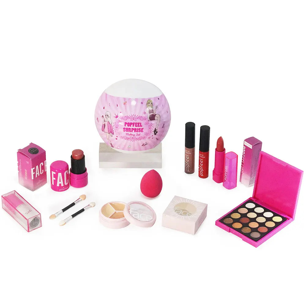 POPFEEL Surprise Makeup Ball Set -9-Piece Pink Cosmetic Gift Set for Girls, Perfect Christmas Gift, Festive Surprise Ball Makeup