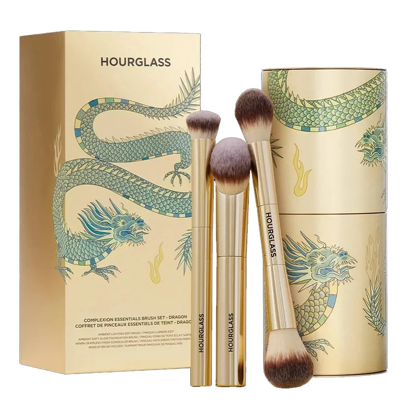 HOURGLASS Complexion Essentials Brush Set -Dragon series 3 makeup brushes with a Packaging box and a Brush bucket