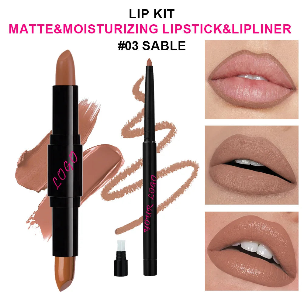 Lipstick with Lip Liner 2-1 Vegan Dual End Two Sides Matte Lipsticks Moist Combined Cosmetic Set