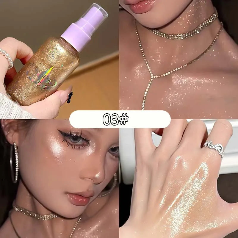 Diamond Face Body Glitter Spray Makeup Champagne Violet Bronzer Liquid Highlighter Flash Spray Shimmer Face Body Hair Makeup