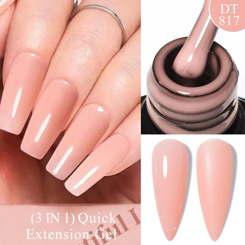MEET ACROSS 7ml Gold Foil 3 In 1Quick Extension Gel Nail Polish Nude Pink Gold Milky White Glitter UV Gel Finger Prolong Varnish