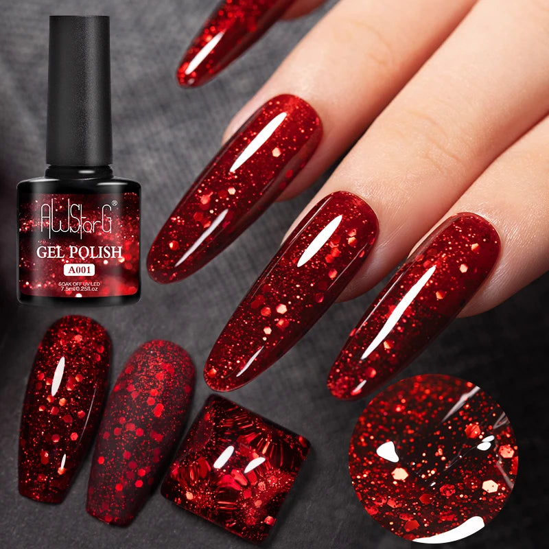 AWStorG 7.5ML Golden Gradient Cat Eye Magnetic Gel Sparkling Glitter Nail Polish Semi Permanent UV Nail Art No Need Base Color
