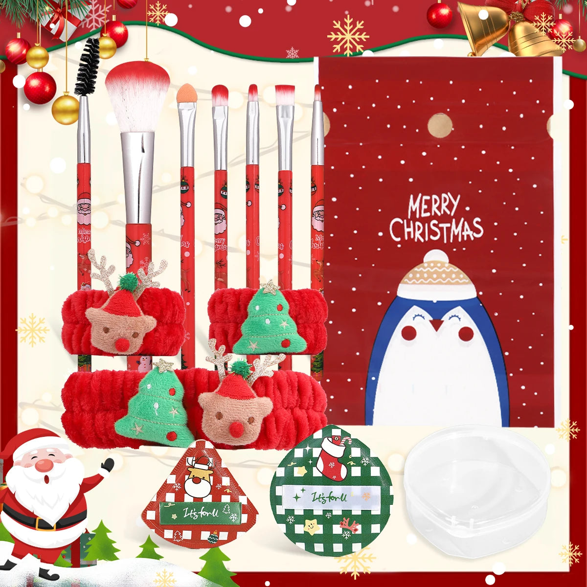 14PCS- Christmas makeup brush set, the bristles smudge naturally and delicately, and the powder puff is both dry and wet.