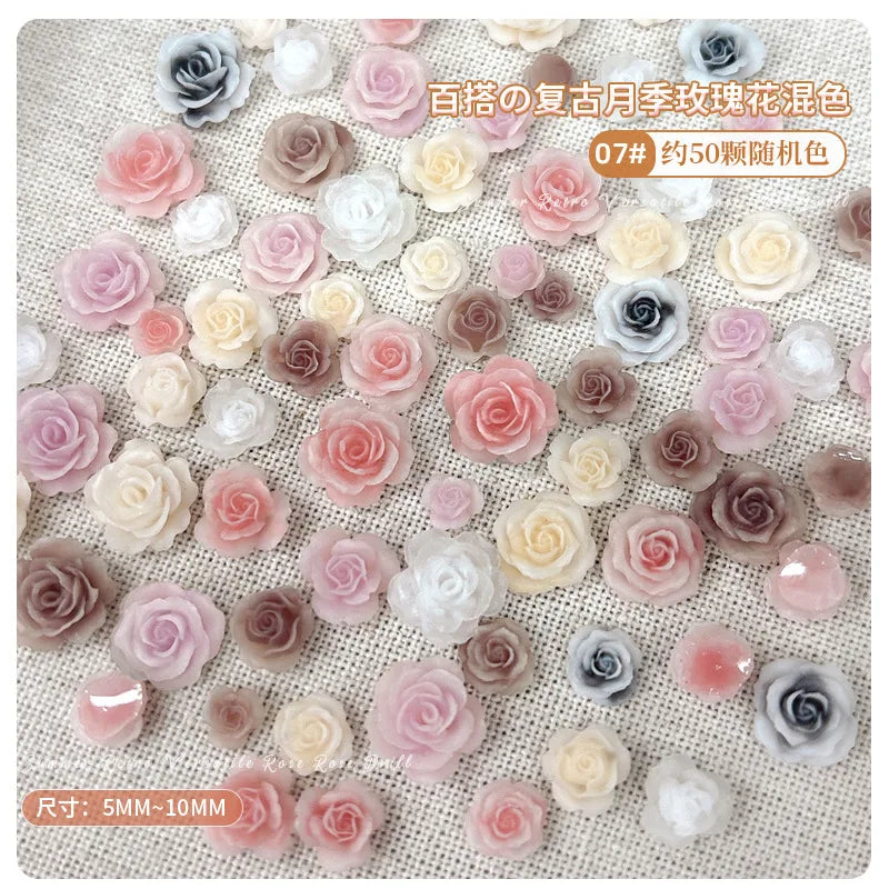50PCS 3D Mix Sizes Beautiful Blossoming Rose Flowers Resin Adhesive Nail Art Rhinestones Decorations Manicure Kawaii Charms