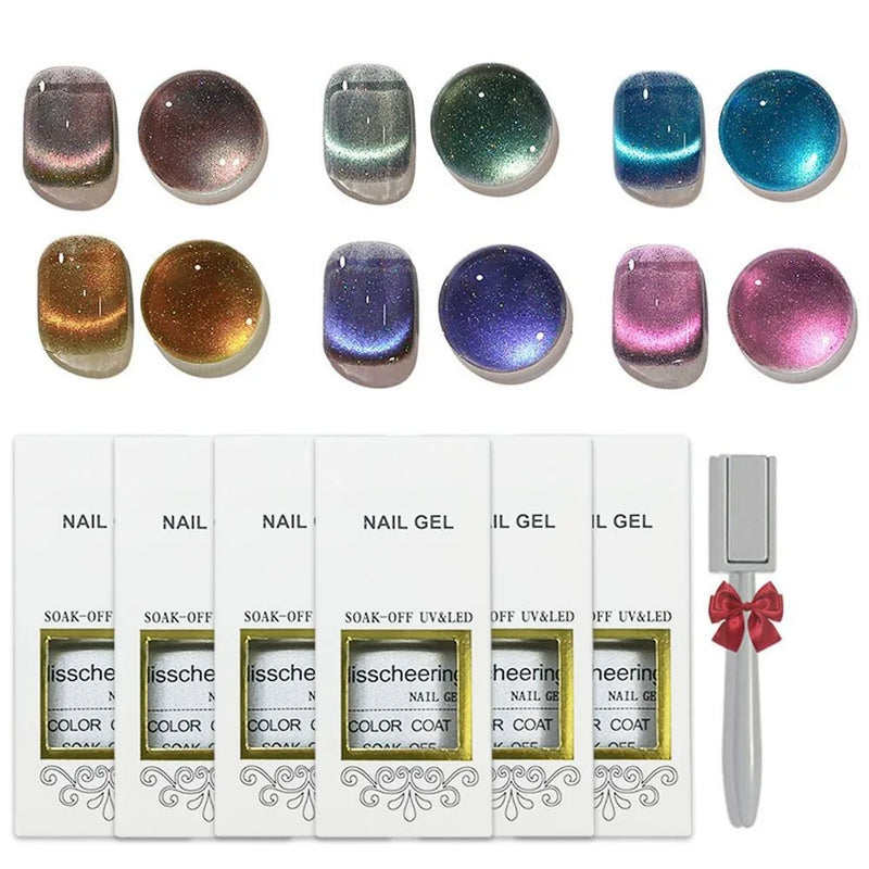 6PCS ASHE Holographic Glitter Neon Cat Eye Gel Nail Polish Set with Free Magnet, Cateye Blue Green Purple Soak Off Gel Polish