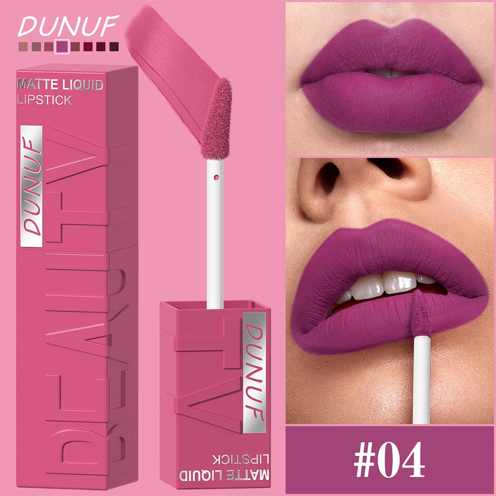 DUNUF 8-color matte velvet smooth easy-to-apply square tube lip gloss waterproof three-dimensional plumping lipstick