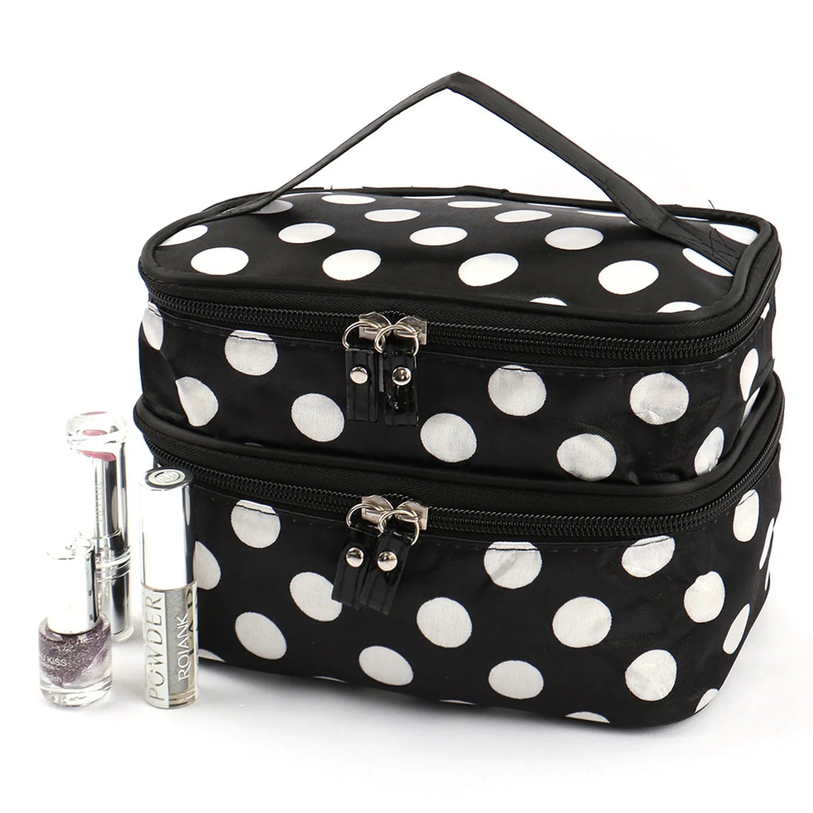 Women'S Travel Cosmetic Makeup Bag Organizer Double Layer Dot Pattern Toiletry Bag Case Pouch With Mirror For Woman