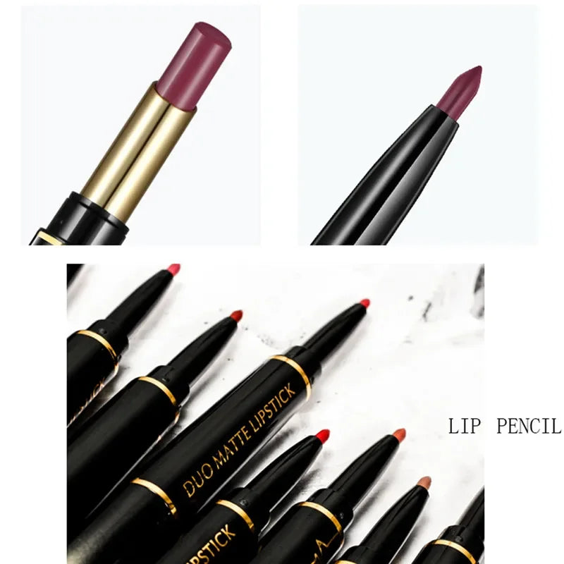 2 in 1 Lipstick and Lip Liner Pen, Matte Waterproof Long Lasting Lip Makeup Tool, Non-Fading Smooth Velvet Finish