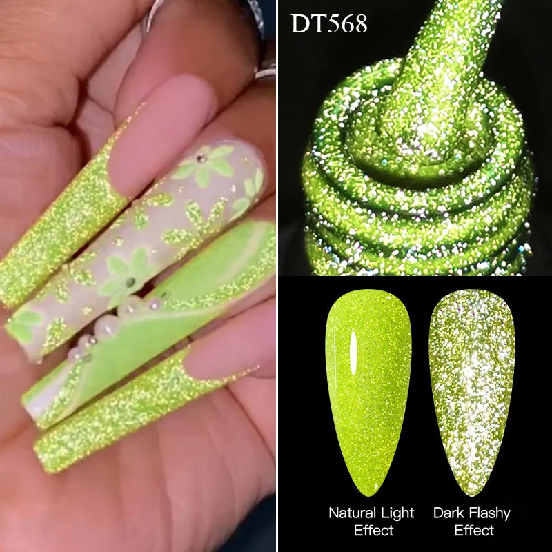 MEET ACROSS 7ml Pink Fluorescent Reflective Gel Nail Polish Glitter Neon Semi Permanent UV LED Gel Nail Art Varnish Manicure