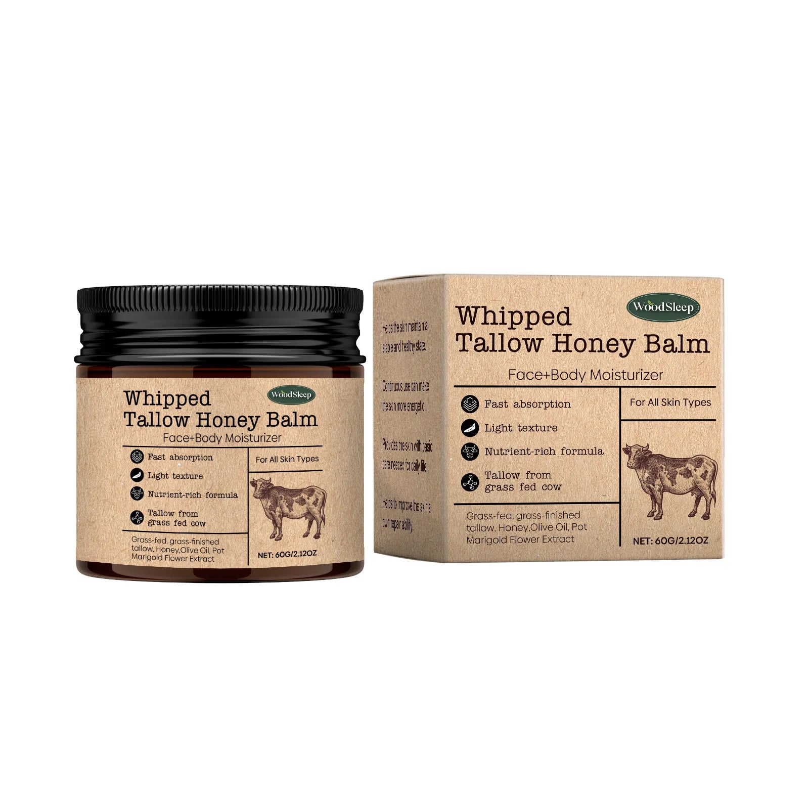 WoodSleep Beef Tallow Paste Deeply Moisturizer Brightening Wrinkle Remover Grass Fed Tallow Wild Honey Face Body Cream Skin Car