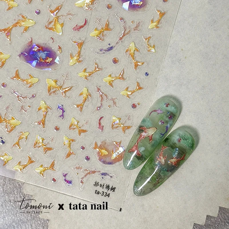 Goldfish Cavort Water Grass Lotus Flower Leaf Brocaded Carp Koi Ripple Droplet Water Bubbles 5D Nail Art Stickers Manicure Decal