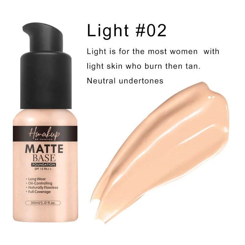 30ml 6-Color Matte Liquid Foundation | Oil-Control, Waterproof, Long-Lasting, Full Coverage, Natural Face Base and Concealer Makeup