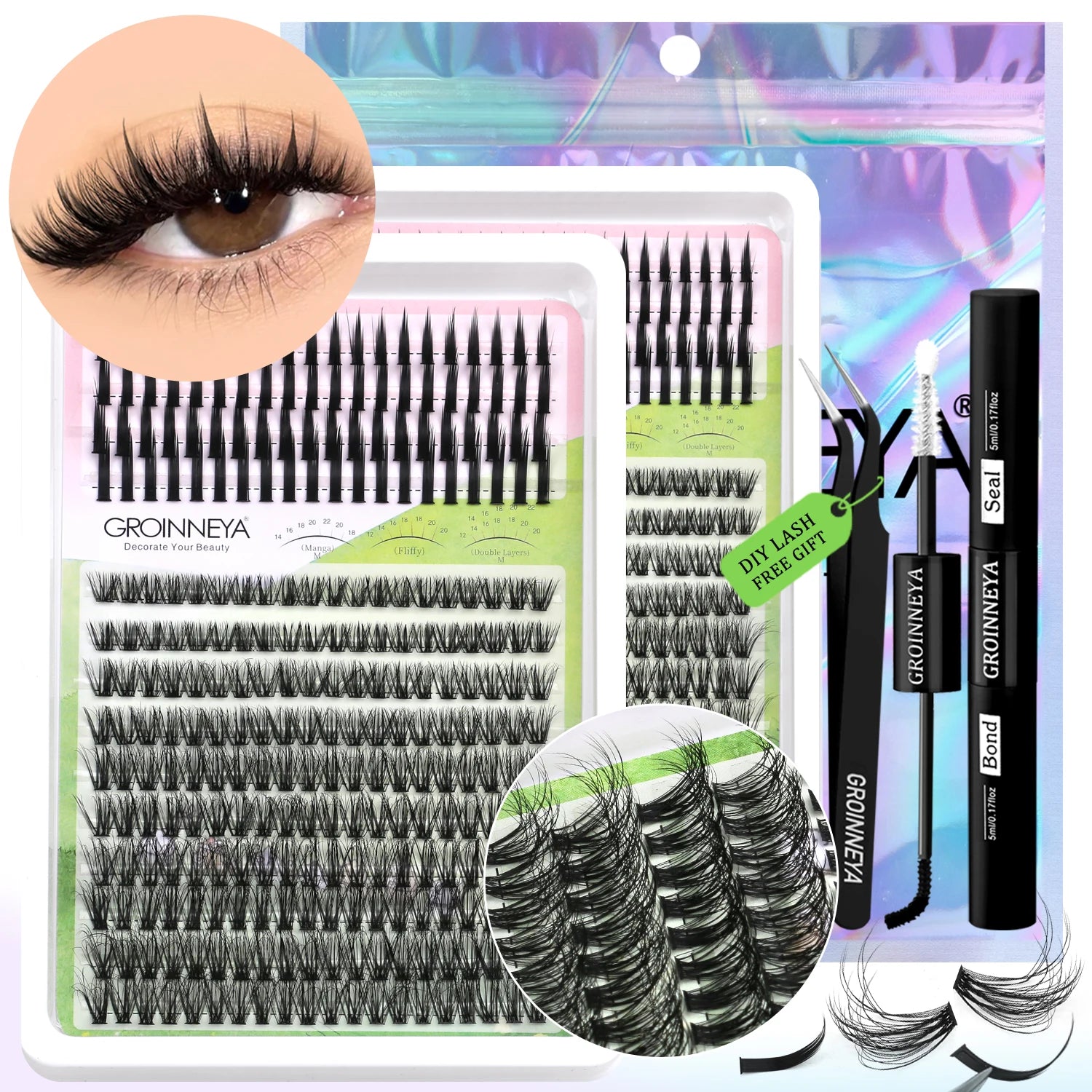 GROINNEYA Lash Clusters Kit DIY Manga Cluster Lashes Set Spikes Lashes Cluster Extension Full Set Individual Eyelashes Makeup