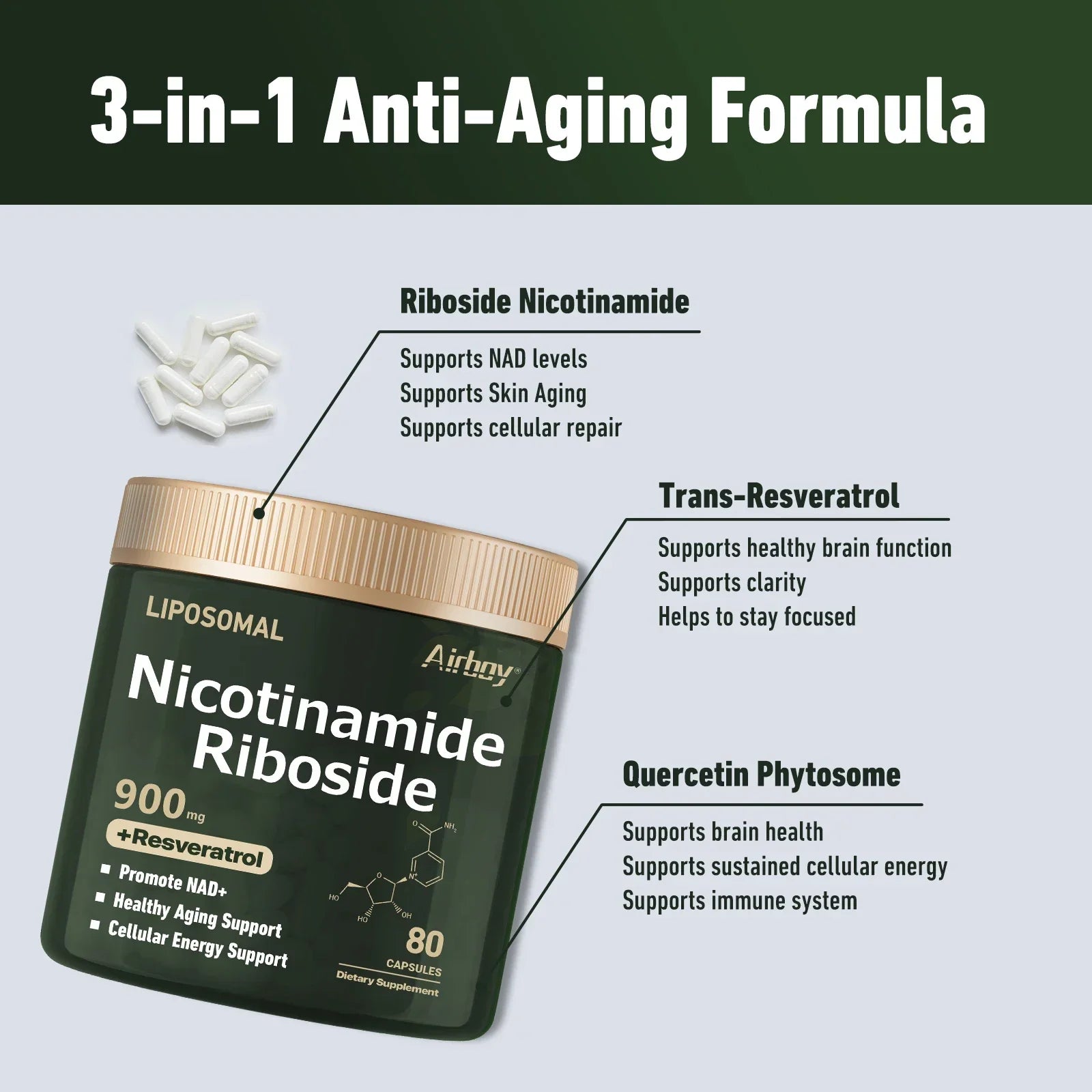 Nerve Protection, Delay Aging, Protect Blood Vessels NAD+ Supplement - Liposomal Nicotinamide Riboside 900mg, Resveratrol