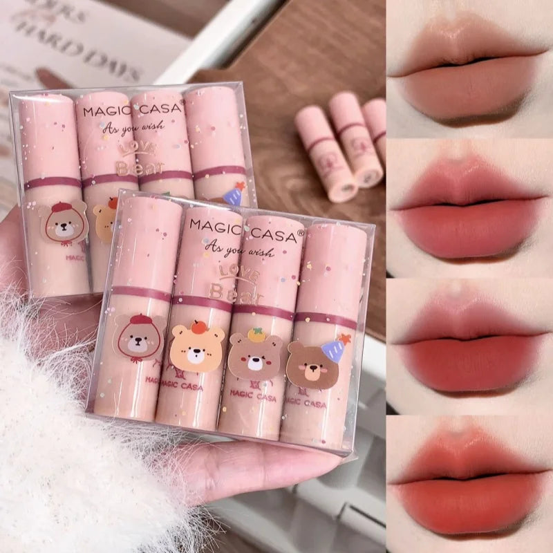 Matte Liquid Lipstick Long Lasting Waterproof Nude Red Lip Gloss Smudge Proof Non Fade Cute Bear Set Lip Makeup