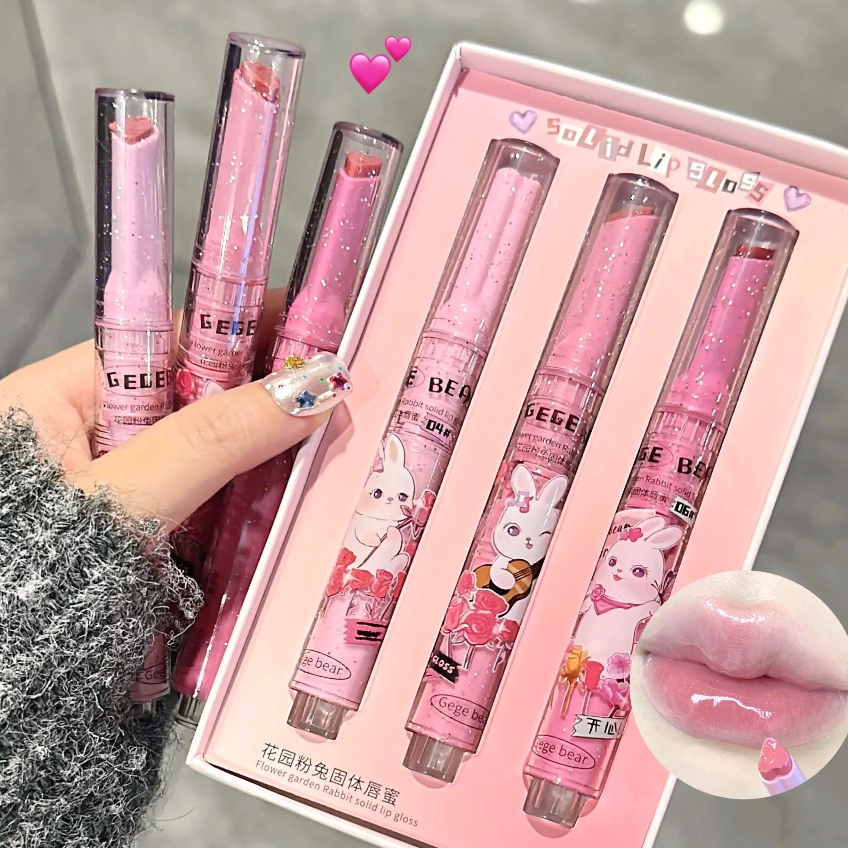 Gegebear Garden Pink Lip Glaze Moisturizing and Moisturizing Lipstick Sweet and Cute Lipstick Lasting Soft and Moisturizing Lips