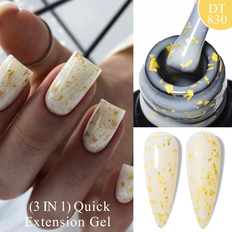 MEET ACROSS 7ml Gold Foil 3 In 1Quick Extension Gel Nail Polish Nude Pink Gold Milky White Glitter UV Gel Finger Prolong Varnish