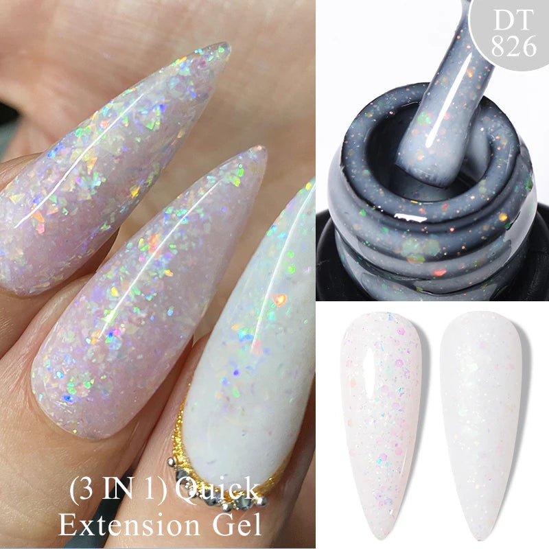 MEET ACROSS 7ml Gold Foil 3 In 1Quick Extension Gel Nail Polish Nude Pink Gold Milky White Glitter UV Gel Finger Prolong Varnish